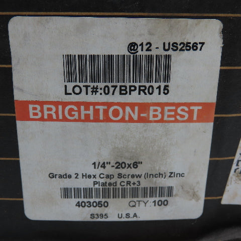 Brighton Best 1/4-20 x 6" Grade 2 Hex Cap Screw Zinc Lot Of 64