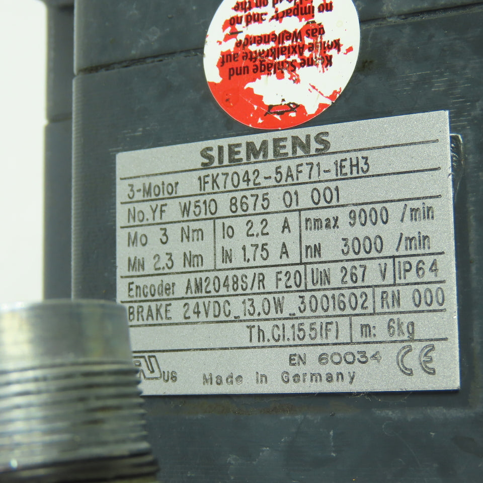 Siemens 1FK7040-5AF71-1EH3 3-Ph Servo Motor 267V W/ 24VDC Brake