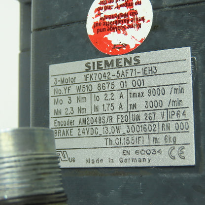 Siemens 1FK7040-5AF71-1EH3 3-Ph Servo Motor 267V W/ 24VDC Brake