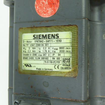 Siemens 1FK7042-5AF71-1EH3 3-Ph Servo Motor 267V W/ 24VDC Brake