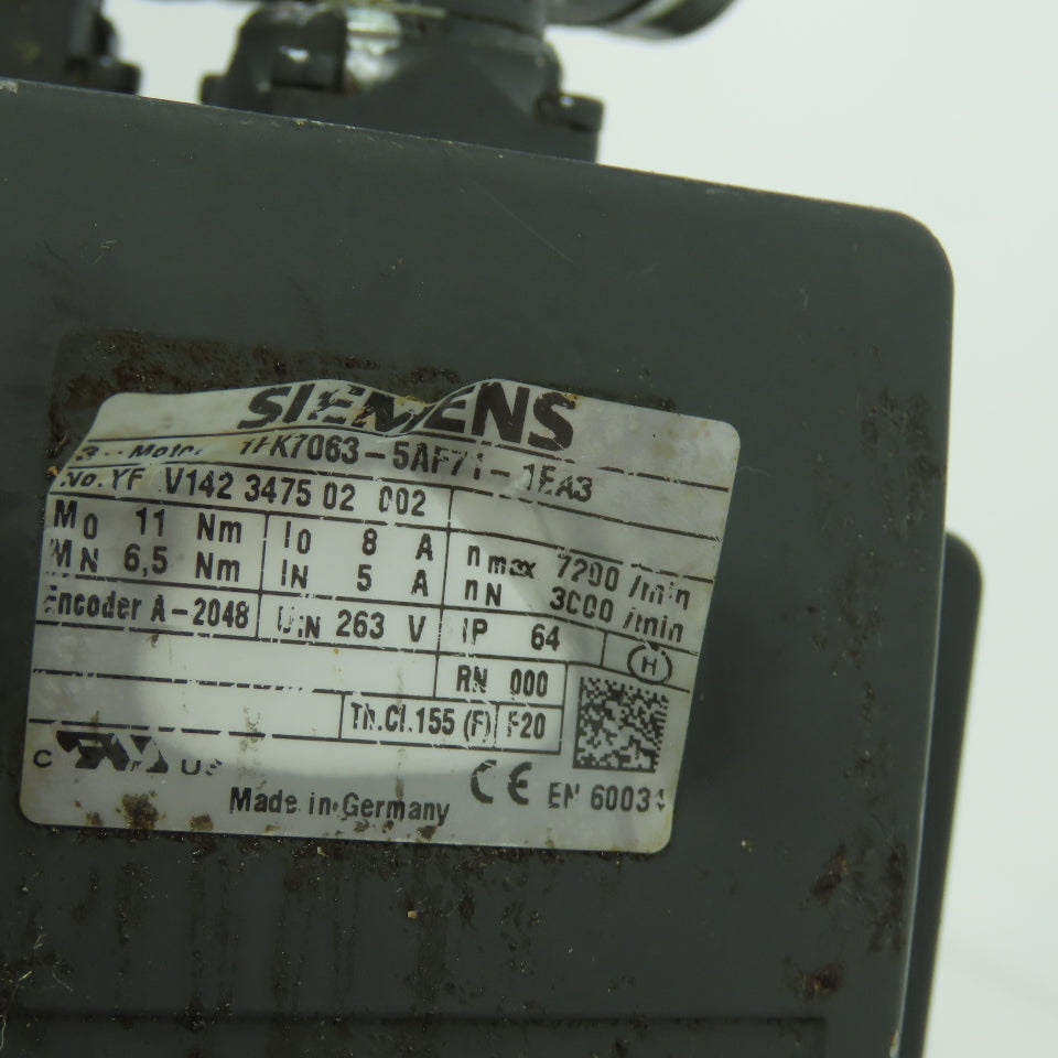 Siemens 1FK7063-5AF71-1EA3 3-Ph Servo Motor 263V 3000/7200 RPM W/ Encoder