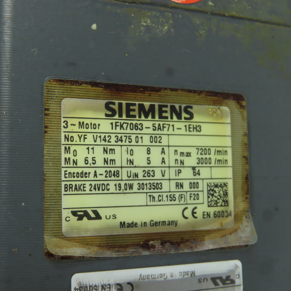 Siemens 1FK7063-5AF71-1EH3 3-Ph Servo Motor 263V 3000/7200 RPM W/ Encoder