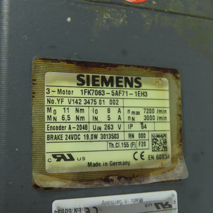 Siemens 1FK7063-5AF71-1EH3 3-Ph Servo Motor 263V 3000/7200 RPM W/ Encoder