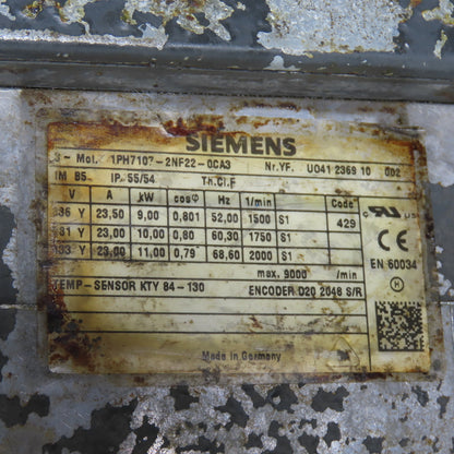 Siemens 1PH7107-2NF22-OCA3 3Ph Induction Servo Motor 336/381/433V 11KW 2000RPM