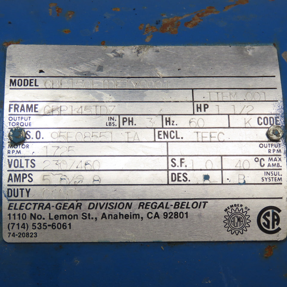 Foote Jones 720-5D71688S 14:1 Ratio 230/460V 3Ph 1-1/2Hp Gear Motor W/ Brake