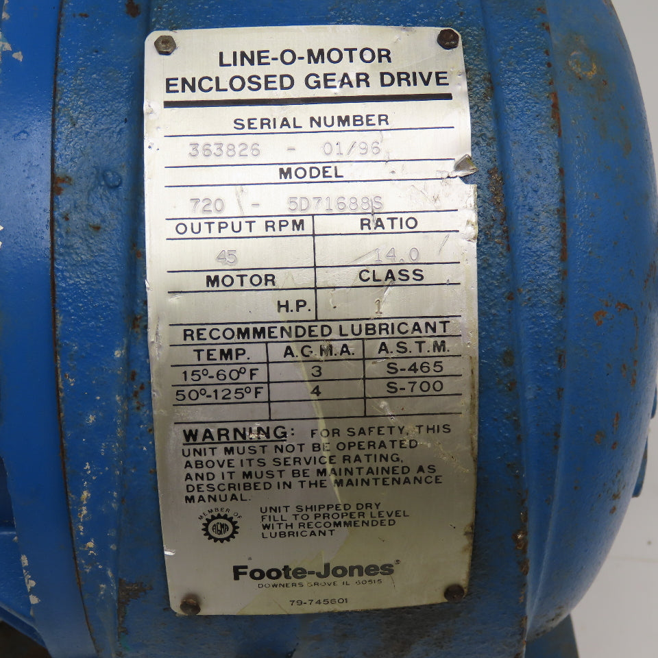 Foote Jones 720-5D71688S 14:1 Ratio 230/460V 3Ph 1-1/2Hp Gear Motor W/ Brake