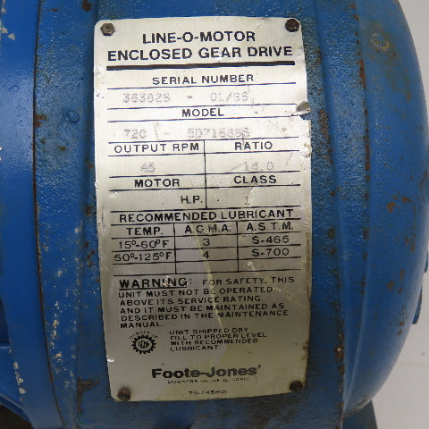 Foote Jones 720-5D71688S 14:1 Ratio 230/460V 3Ph 1-1/2Hp Gear Motor W/ Brake