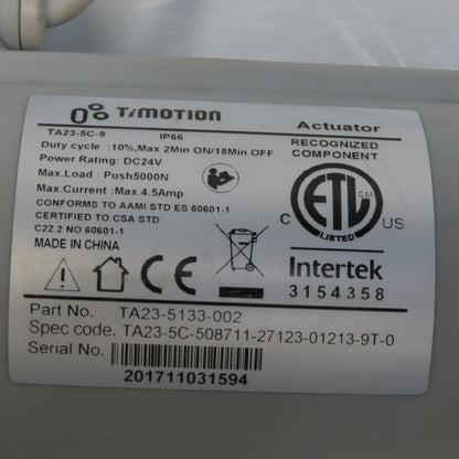 TiMotion TA23-5133-002 TA23-5C-9 Medical Bed Linear Actuator 24VDC 5000N Push