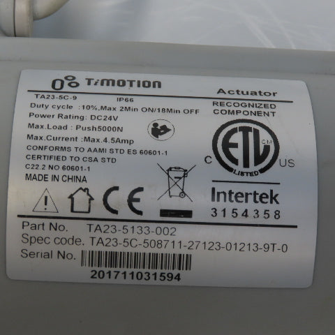TiMotion TA23-5133-002 TA23-5C-9 Medical Bed Linear Actuator 24VDC 5000N Push
