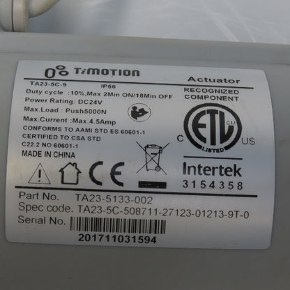 TiMotion TA23-5133-002 TA23-5C-9 Medical Bed Linear Actuator 24VDC 5000N Push