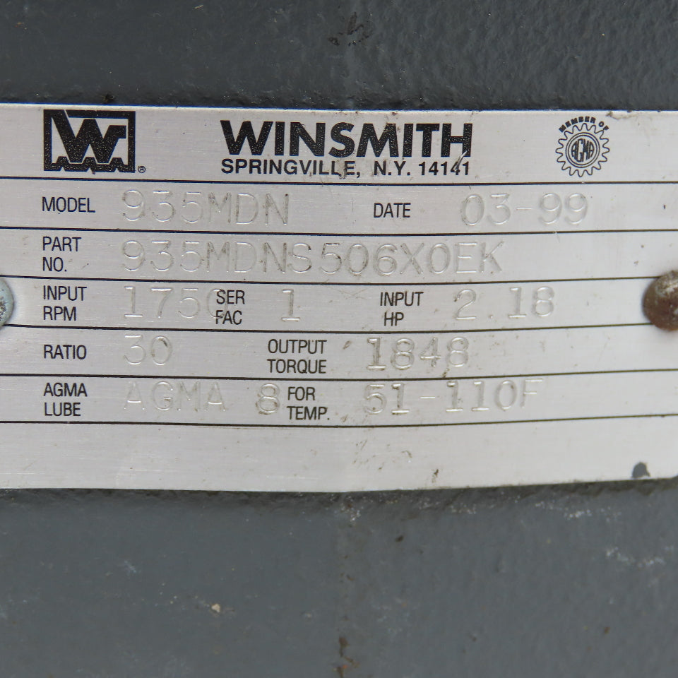 Winsmith 935MDN 30:1 Ratio 2Hp 1750RPM Max Dual Output Right Angle Gear Reducer