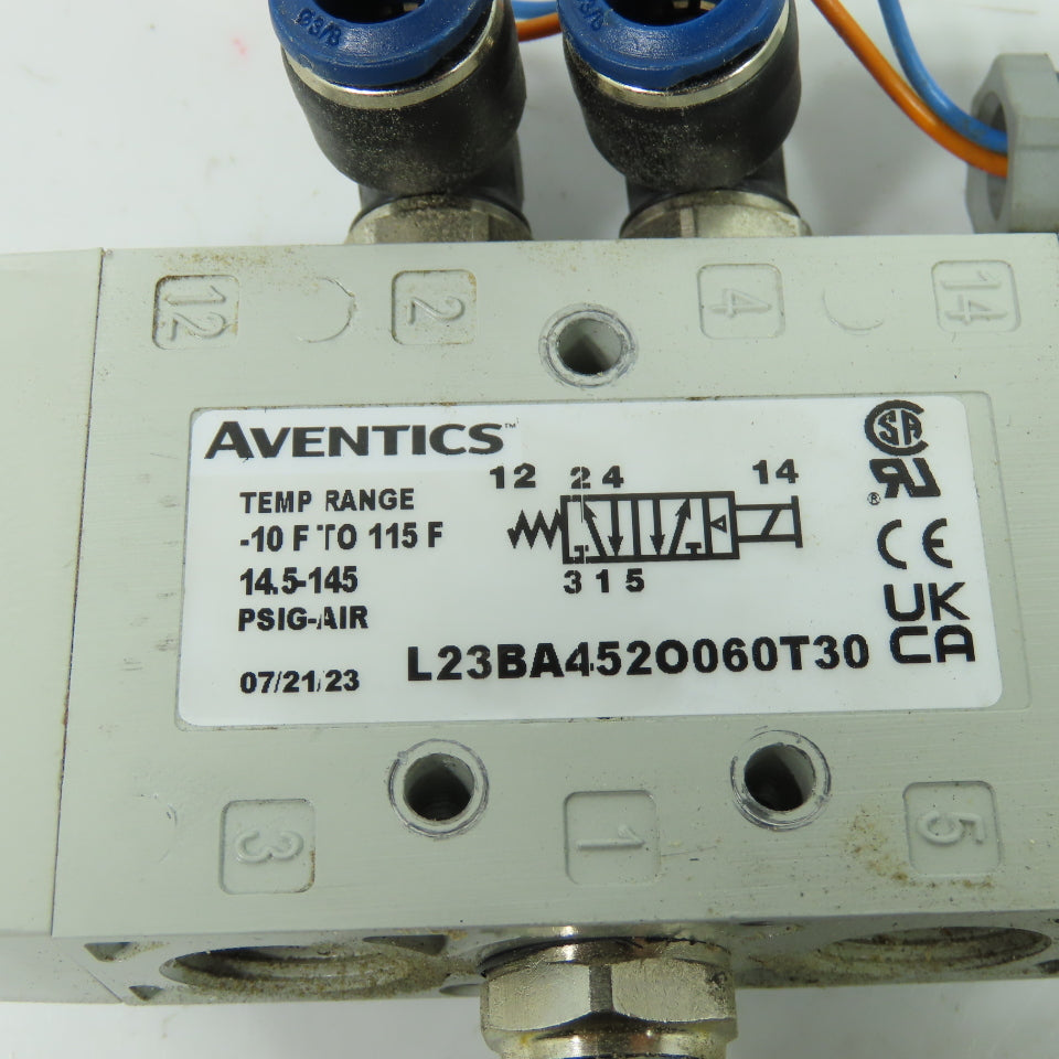 Aventics L23BA452O060T30 Solenoid Air Control Valve 120VAC 0.7A 145PSI 3/8" NPT