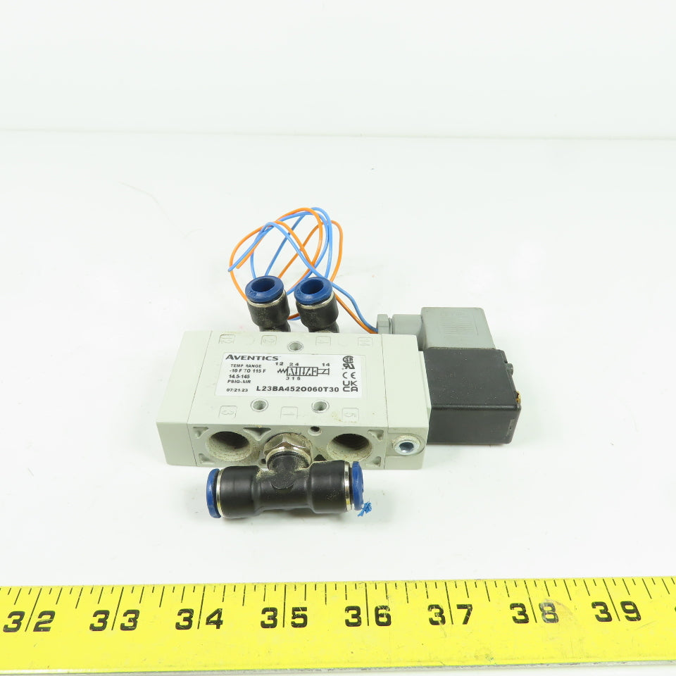 Aventics L23BA452O060T30 Solenoid Air Control Valve 120VAC 0.7A 145PSI 3/8" NPT
