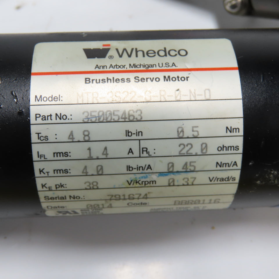 Whedco MTR-3S22-G-R-0-N-0 Brushless Servo Motor 22ohms 0.5Nm 4.8lb-in