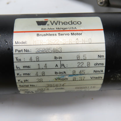 Whedco MTR-3S22-G-R-0-N-0 Brushless Servo Motor 22ohms 0.5Nm 4.8lb-in