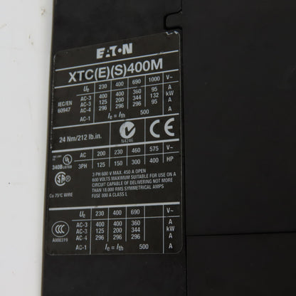 Eaton XTCE400M 400Hp 3Ph Contactor 600VAC 450A 24-48VDC Coil