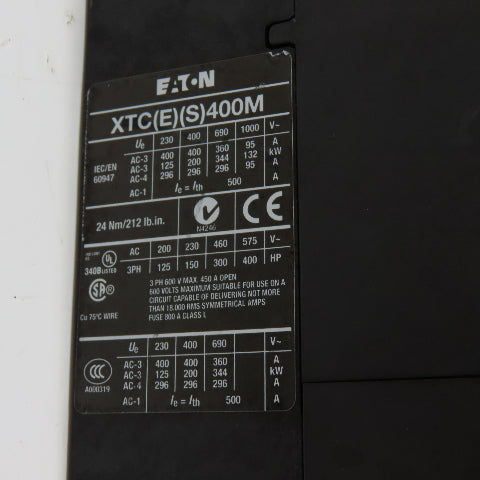 Eaton XTCE400M 400Hp 3Ph Contactor 600VAC 450A 24-48VDC Coil