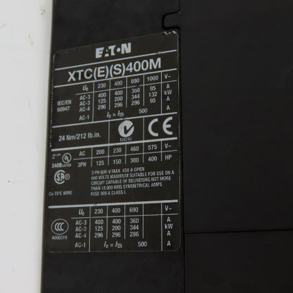 Eaton XTCE400M 400Hp 3Ph Contactor 600VAC 450A 24-48VDC Coil