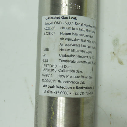 VIC Leak Detection OM3-500 Calibration Gas Leak Tank Helium