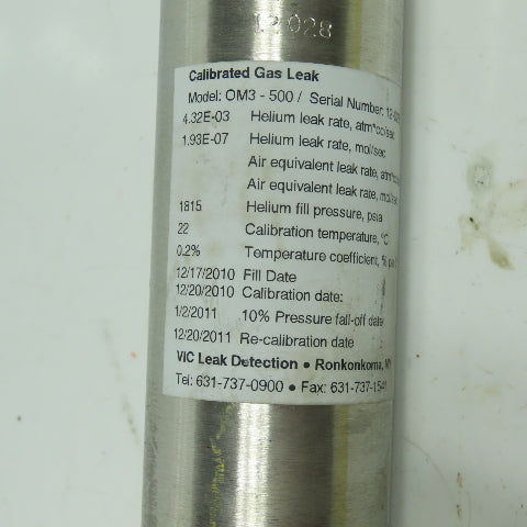 VIC Leak Detection OM3-500 Calibration Gas Leak Tank Helium