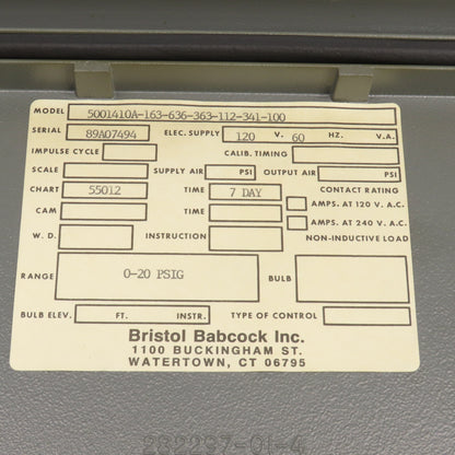 Bristol Babcock 5001410A-163-636-363-112-341-100 7-Day Chart Recorder 120V