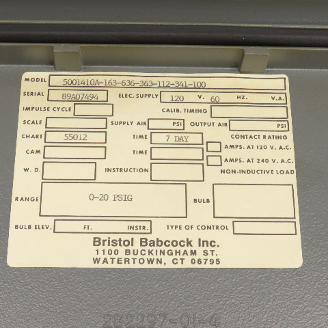 Bristol Babcock 5001410A-163-636-363-112-341-100 7-Day Chart Recorder 120V