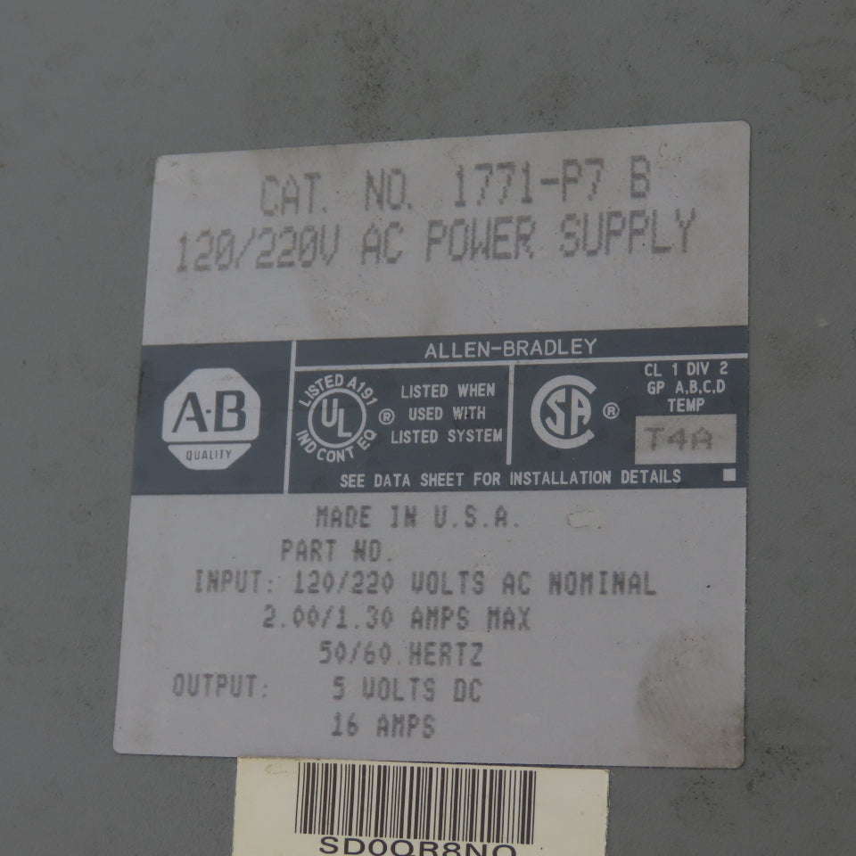 Allen Bradley 1771-P7 Power Supply Module 120/220V 2A In 5VDC 16A Out