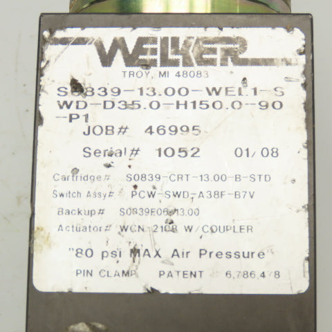 Welker S08939-13.00 Pneumatic Pin Clamp 13mm Pin 80 PSI