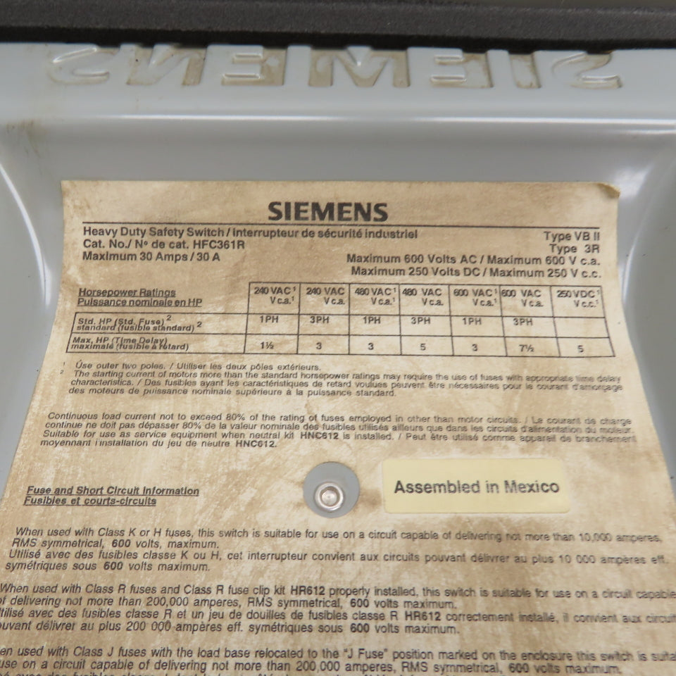 Siemens HFC361R 30A 600V 3-Phase Fusible Heavy Duty Safety Disconnect Switch