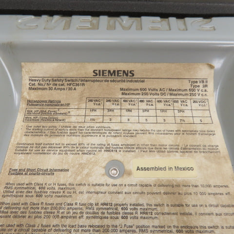 Siemens HFC361R 30A 600V 3-Phase Fusible Heavy Duty Safety Disconnect Switch