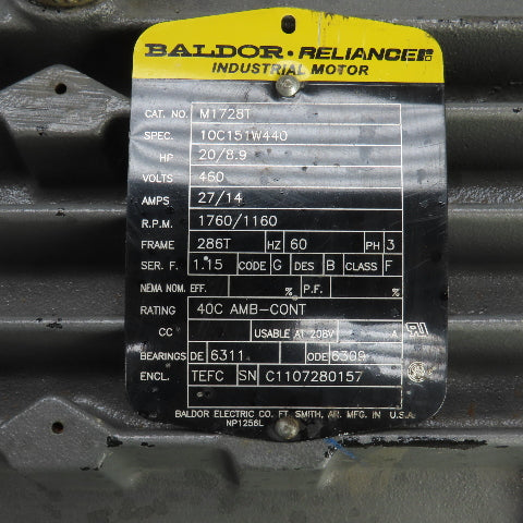 Baldor M1728T 20/8.9 2-Speed AC Electric Motor 1760/1160RPM 460V 3PH 286T Frame