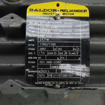 Baldor M1728T 20/8.9 2-Speed AC Electric Motor 1760/1160RPM 460V 3PH 286T Frame