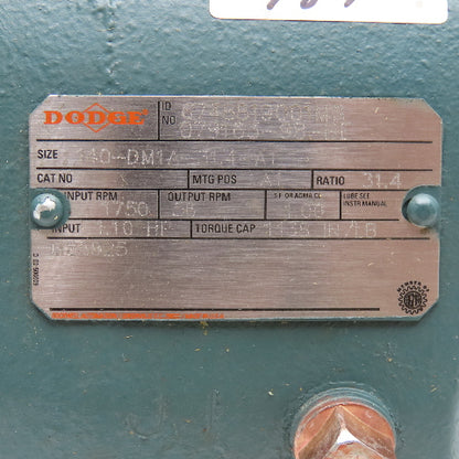 Dodge 140/DM1A-31.4-A1 31.4:1 Ratio 56RPM Output Inline Gear Reducer 1.10Hp Max