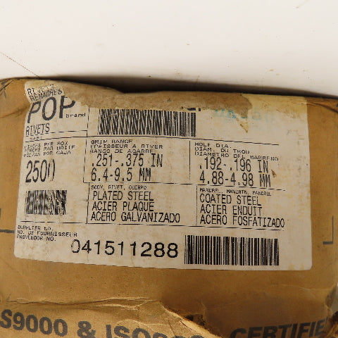Emhart Plated Steel Pop Rivets .251-.375 Grip .192-.196 Hole Diam. .625 Head 28#