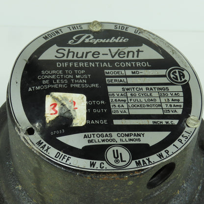 Republic MD-3GA Shure-Vent Differential Control Switch 115/230VAC 1PSI