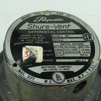 Republic MD-3GA Shure-Vent Differential Control Switch 115/230VAC 1PSI