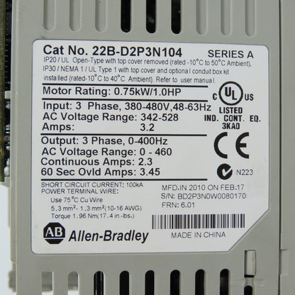 Allen Bradley 22B-D2P3N104 Ser A 0.75kW/1HP AC Drive 380-480V 3PH (Parts/Repair)