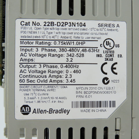 Allen Bradley 22B-D2P3N104 Ser A 0.75kW/1HP AC Drive 380-480V 3PH (Parts/Repair)