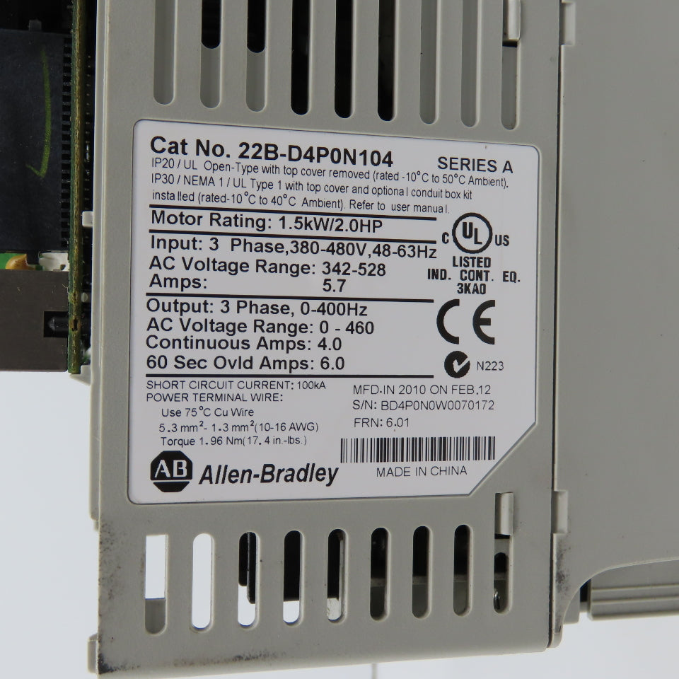 Allen Bradley 22B-D4P0N104 Ser A 1.5kW/2HP AC Drive 380-480V 3PH (Parts/Repair)