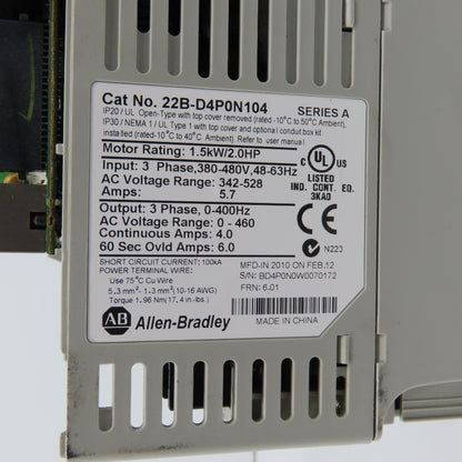 Allen Bradley 22B-D4P0N104 Ser A 1.5kW/2HP AC Drive 380-480V 3PH (Parts/Repair)