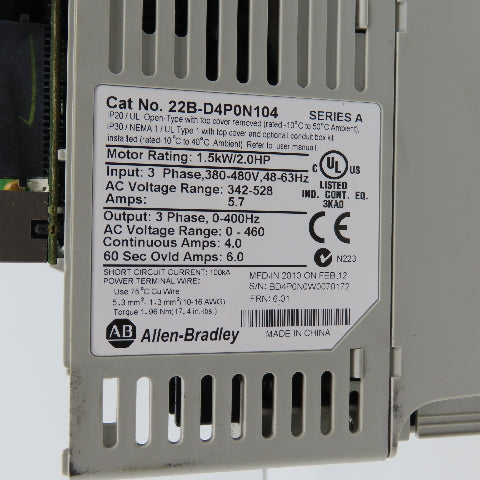 Allen Bradley 22B-D4P0N104 Ser A 1.5kW/2HP AC Drive 380-480V 3PH (Parts/Repair)