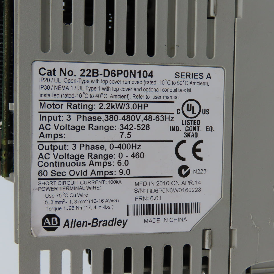 Allen Bradley 22B-D6P0N104 Ser A 2.2kW/3HP AC Drive 380-480V 3PH (Parts/Repair)