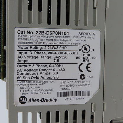 Allen Bradley 22B-D6P0N104 Ser A 2.2kW/3HP AC Drive 380-480V 3PH (Parts/Repair)