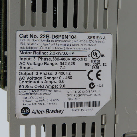 Allen Bradley 22B-D6P0N104 Ser A 2.2kW/3HP AC Drive 380-480V 3PH (Parts/Repair)