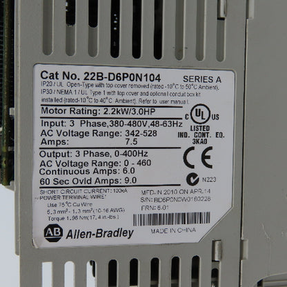 Allen Bradley 22B-D6P0N104 Ser A 2.2kW/3HP AC Drive 380-480V 3PH (Parts/Repair)
