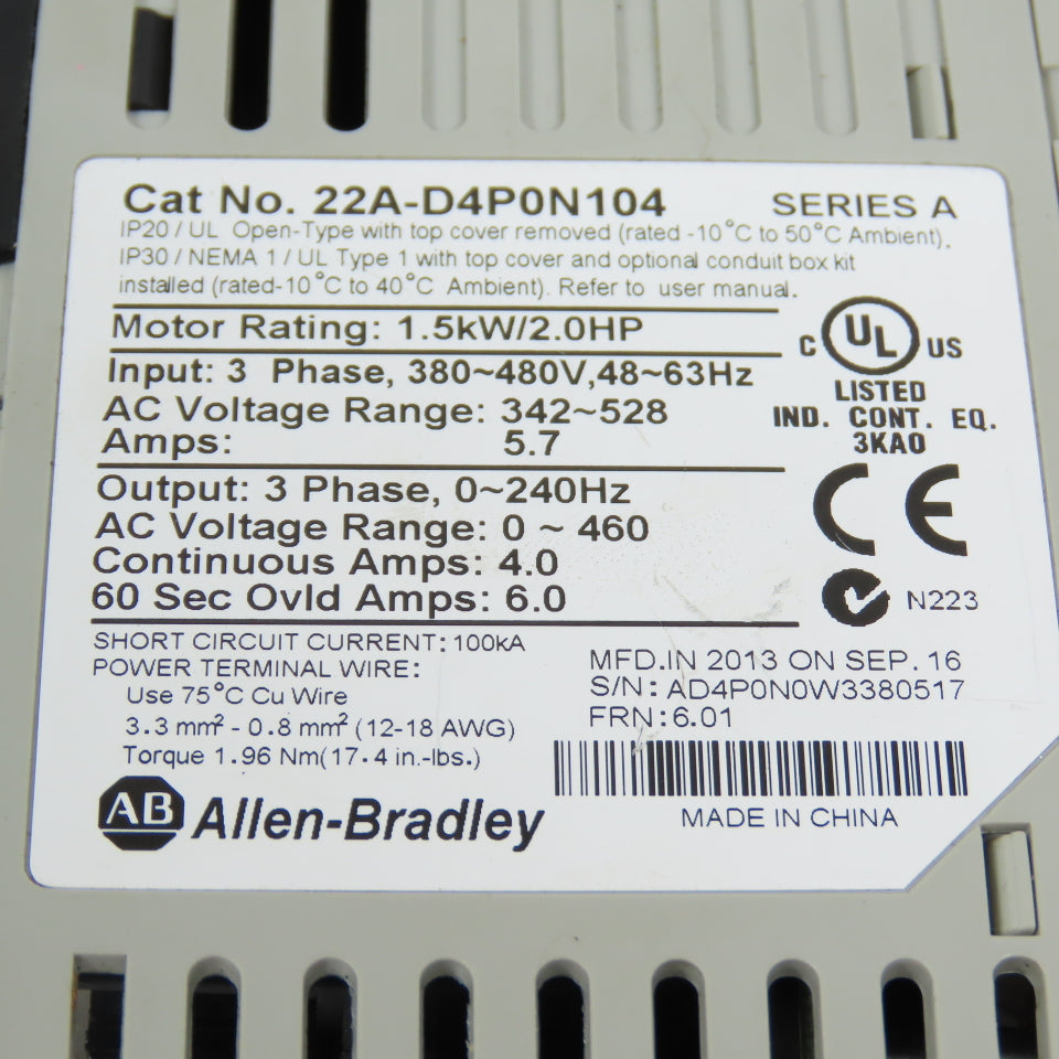 Allen Bradley 22A-D4P0N104 Ser A 1.5kW/2HP AC Drive (Parts/Repair) Lot Of 2