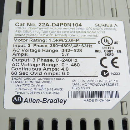 Allen Bradley 22A-D4P0N104 Ser A 1.5kW/2HP AC Drive (Parts/Repair) Lot Of 2