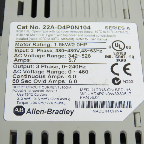 Allen Bradley 22A-D4P0N104 Ser A 1.5kW/2HP AC Drive (Parts/Repair) Lot Of 2