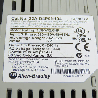 Allen Bradley 22A-D4P0N104 Ser A 1.5kW/2HP AC Drive (Parts/Repair) Lot Of 2