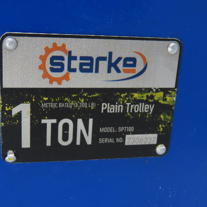 Starke SPT100 1 Ton Manual Plain Push Beam Trolley W/ End Stops For 10" Beam